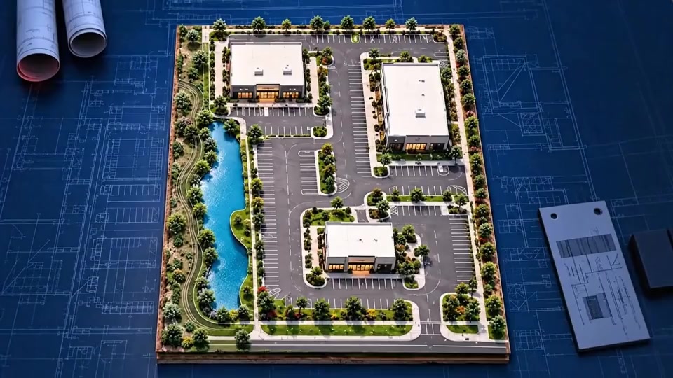 Illustrative colored commercial site plan showing buildings, parking and landscape context